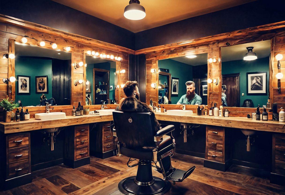 A stylish barbershop setting featuring a trendy stylist grooming a fashionable person with an extravagant, well-styled beard made of lush fur. Surrounding them are various grooming products related to furry fashion, like colorful combs and organic oils, accentuated by playful animal-themed décor. Soft, warm lighting casts a cozy atmosphere, inviting viewers to explore this unique grooming trend. super-realistic. vibrant colors. cozy ambiance.