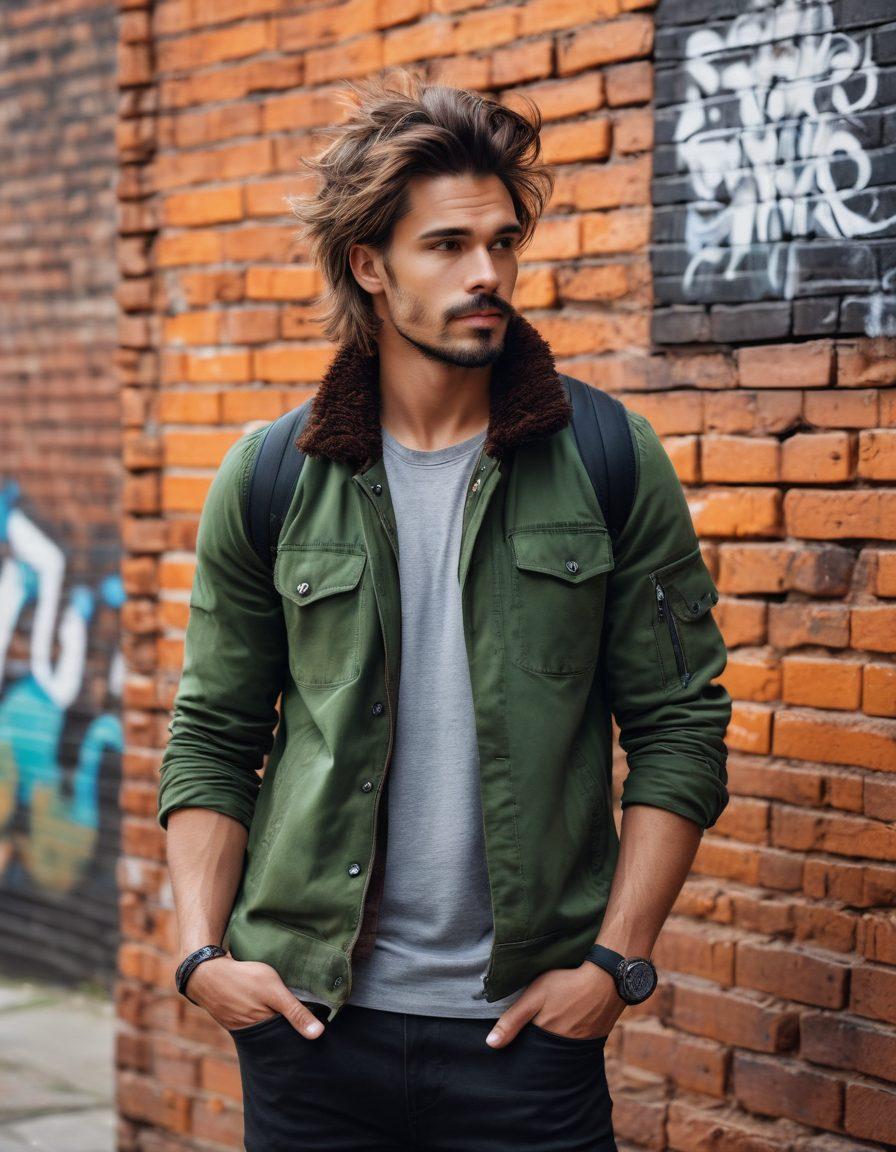 A confident man with thick, shaggy hair styled in a modern, masculine way, standing against an urban backdrop of rugged bricks and graffiti. He wears a stylish, casual outfit that complements his adventurous spirit, while the lighting highlights the textures of his hair. Incorporate elements of nature, like rough wooden textures or plants, symbolizing a connection to the wild. Capture a mood of boldness and authenticity. super-realistic. vibrant colors. urban aesthetic.