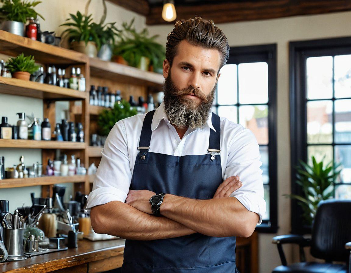 A rugged man with wild, tousled hair and a stylishly unkempt beard, confidently standing in a modern barbershop adorned with vintage grooming tools. He is surrounded by plants and natural light, exuding masculinity and charm. In the background, shelves display grooming products emphasizing a natural look. Soft focus on the man, highlighting his hairiness as a symbol of contemporary grooming trends. vibrant colors. super-realistic. natural lighting.